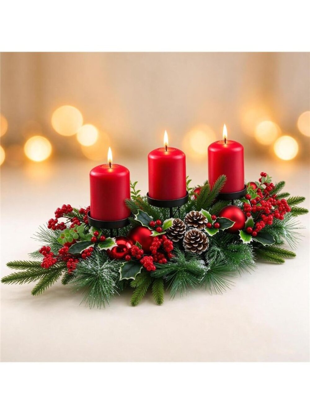 Christmas Triple Candelabrum, Red Baubles, Berries, Pine Cones